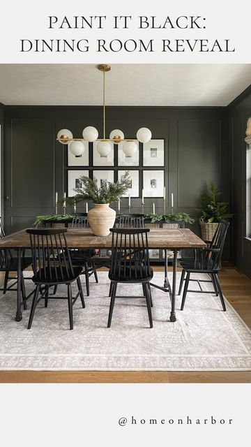 Green Black Wood Dining Room, Wall To Wall Cabinets Dining Room, Dark Feature Wall Dining Room, Dining Room Dark Ceiling, Industrial Formal Dining Room, Dining Rooms With Dark Walls, Black And Brown Dining Room Decor, Dining Room Decor Dark Table, Dark Dining Room Ideas Modern