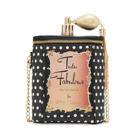 PRICES MAY VARY. 5.7"L x 3"D x 6.25"H 23" drop crossbody strap zip closure gold hardware Perfume inspired hardware Funky Purses, Black Perfume, Betsey Johnson Handbags, Novelty Bags, Polka Dot Fabric, Betsey Johnson Bags, Bottle Bag, Perfume Bottle, White Polka Dot