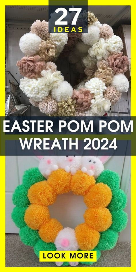 Make your Easter celebration special with our Easter pom pom wreath 2024. This DIY wreath is a delightful combination of fluffy pom-poms, along with adorable bunny and egg patterns. It's an easy DIY project that adds a whimsical touch to your Easter festivities. Pom Pom Bunny Wreath, Easter Pom Poms, Easter Wreath Ideas, Diy Easter Wreath, Pink Pom Poms, Pom Wreath, Easter Wreath Diy, Easy Diy Wreaths, Decorate Home