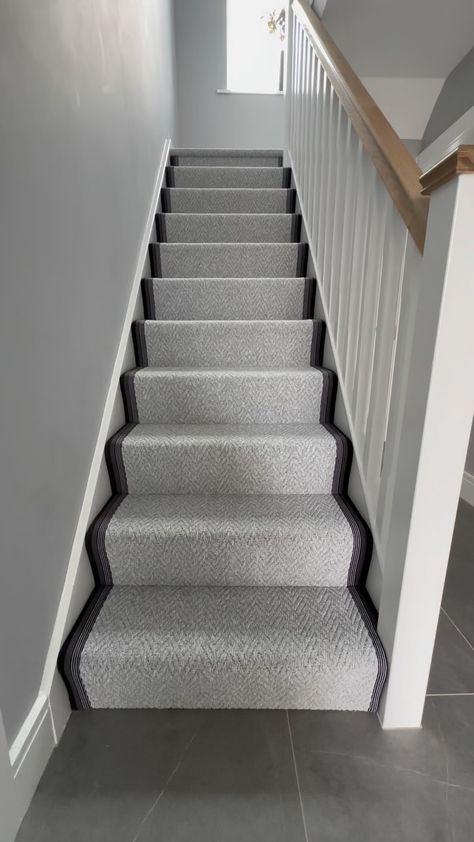 Recent installation of our wool herringbone carpet from @fibreflooring Fitted with a gravel grey cotton border. Full… | Instagram Grey Striped Stair Carpet, Grey Stair Carpet Ideas, Herringbone Stair Carpet, Herringbone Carpet Stairs, Grey Carpet Stairs, Hallway Carpet Ideas, Stairs Carpet Ideas, Industrial Stairs Railing