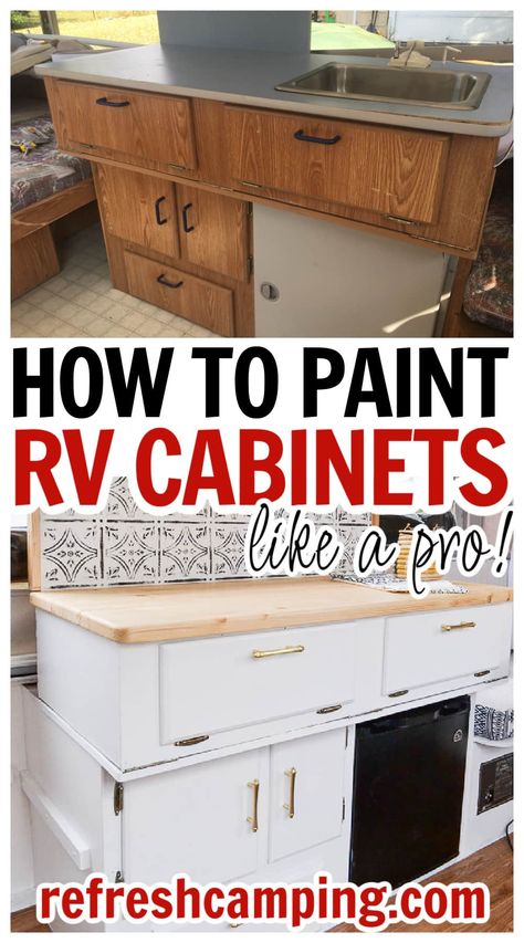 How to Paint RV Cabinets to Last (Easy DIY Guide) - Refresh Camping Best Paint For Rv Cabinets, How To Paint Camper Cabinets, Trailer Cabinet Makeover, How To Paint Rv Cabinets, Camper Cupboards Remodel, Painted Camper Cabinets, Painting Trailer Cabinets, Camper Cabinets Painting, Painting Pop Up Camper Cabinets