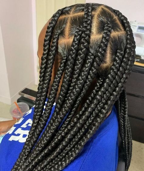 Big Part Small Knotless Braids, 12 Box Braids Hairstyles, Jumbo Triangle Knotless Box Braids, Knot Box Braids Medium, Bigger Knotless Braids, Medium Not Less Braids, Jump Knotless Braids, Medium Large Knotless Box Braids Parting, Large Knotless Box Braids With Heart