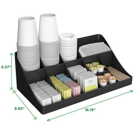 "Buy the Mind Reader Black 11 Compartment Breakroom Coffee Condiment Organizer at Michaels. com. Ideal for sorting and storing your beverage, craft, kitchen, and other supplies. Keep%20coffee%20and%20tea%20stations%20stocked%20and%20neatly%20organized%20with%20this%20organizer.%20It%20is%20the%20complete%20condiment%20and%20beverage%20accessory%20solution%20for%20any%20size%20office%2C%20breakroom%2C%20or%20beverage%20station%20where%20employees%20gather%20to%20eat%20and%20drink.%20The%20organiz Office Coffee Bar, Coffee Pods Drawer, Staff Lounge, Coffee Organization, Office Break Room, Coffee Urn, Snack Organizer, Coffee Pod Holder, Coffee Stirrers