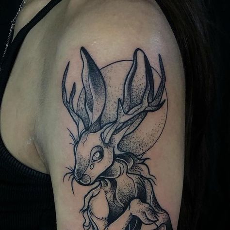 Felix Belk on Instagram: "Beautiful Jackalope piece I recently did!✨ Enjoy! Currently booking for April, just send me a message! . . . . . . (Tags) #jackalope #rabbit #bunny #springfield #springfieldmo #branson #nixamo" Jackalope Tattoo Traditional, Jackrabbit Tattoo, Jackalope Skull, Jackalope Tattoo, Tarot Card Tattoo, Watership Down, Patchwork Sleeve, Rabbit Tattoos, Send Me A Message