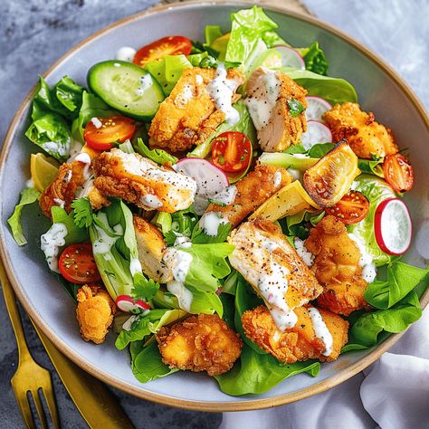 Enjoy a deliciously crispy chicken Caesar salad with homemade dressing, perfect for any meal. Ready in under an hour! Chicken Tender Salad, Salad With Homemade Dressing, Chicken Caesar Salad Recipe, Crispy Chicken Tenders, Food Pic, Caesar Salad Recipe, Chicken Caesar, Chicken Caesar Salad, Romaine Lettuce Salad