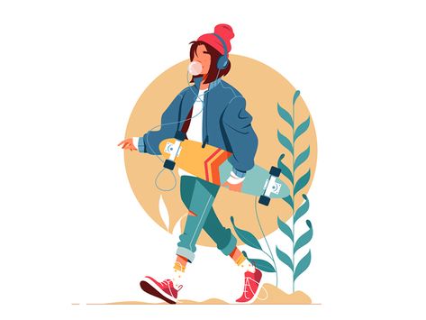 Girl walking outside by Kit8 on Dribbble Outside Illustration, Astronaut Illustration, Walking Outside, Flat Art, Girl Walking, Flat Design Illustration, Vector Character, People Illustration, Flat Illustration