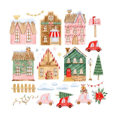 Vector christmas village constructor wit... | Premium Vector #Freepik #vector #car #house #snow #red Christmas House Painting Ideas, Christmas Village Doodle, Christmas House Clipart, Christmas Houses Drawings, Christmas Village Clipart, Christmas House Art, Christmas Village Watercolor, Painting Christmas Village Houses, Painted Christmas Houses