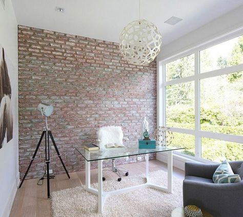 Home Office Background Ideas to Always be "Zoom Ready" - Decorilla Brick Wall Office, Wallpaper Office, House Wall Design, Office Background, Interior Design Consultation, Exposed Brick Walls, Interior Pictures, Brick Walls, Focal Points