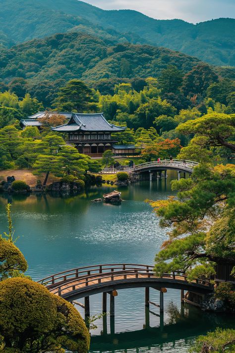 Step into tranquility with this majestic Japanese garden, where a wooden bridge arcs over a reflective pond, leading to a stunning traditional building. Perfect for dreamers and explorers alike. Remember to save this serene scene, and follow for more awe-inspiring escapes. 🌿✨ Ancient Japanese Architecture, Japanese Mansion, Japanese Bridge, Japan Temple, Asian Landscape, Relaxing Places, Wooden Bridge, Japanese Landscape, Japanese Gardens