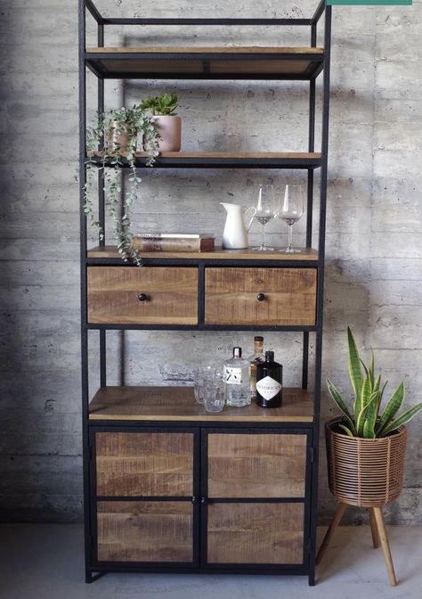 Boho Style Furniture, 2 Door Cupboard, Rustic Style Furniture, Industrial Bookcase, Industrial Bookcases, Tall Bookcase, Industrial Style Furniture, Cupboard Shelves, Industrial Design Furniture