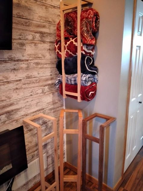 Solid Wood Wall Mount Blanket Rack Towel Rack Handmade Solid - Etsy Leaving Room Blanket, Blanket Storage Living Room, Cabin Storage, Blanket Holder, Blanket Wall, Blanket Rack, Blanket On Wall, Quilt Display, Storing Blankets