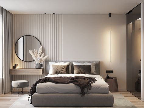 Grey Monochrome Bedroom, Mirror Near Bed, Flat Bedroom Ideas, Mirror Next To Bed, Mirror Beside Bed, Small Luxury Bedroom, Neutral Modern Bedroom, Black Modern Bedroom, Bed With Dresser