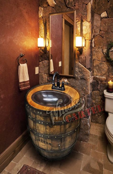 Whiskey Barrel Sink, Personalized Whiskey Barrel, Barrel Sink, Barrel Decor, Rustic Bathroom Designs, Barrel Furniture, Rustic Bathrooms, Copper Sink, Jim Beam