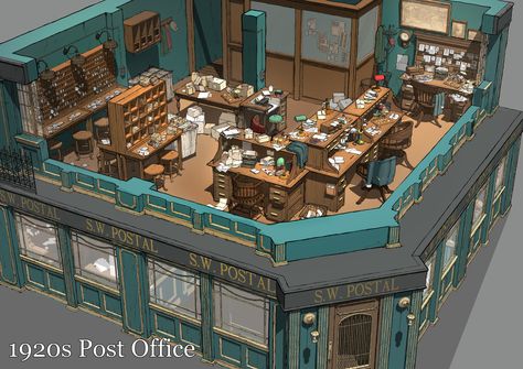 ArtStation - 1920s Post Office, Rachel Chan Post Office Interior, Vintage Post Office, Post Office Aesthetic, Old Post Office, Office Set, Post Office, Pretty House, Art Deco, London