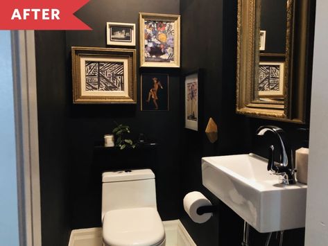 Before and After: Black Paint Made This Powder Room Feel So Much Warmer | Apartment Therapy Black Small Toilet, Black Cloakroom Toilet, Wc Paint Ideas, Black And White Cloakroom, Single Toilet Room Ideas Decor, Small Black Powder Room Ideas, Black Wc Toilets, Black Downstairs Toilet, Tiny Wc Ideas Downstairs Loo