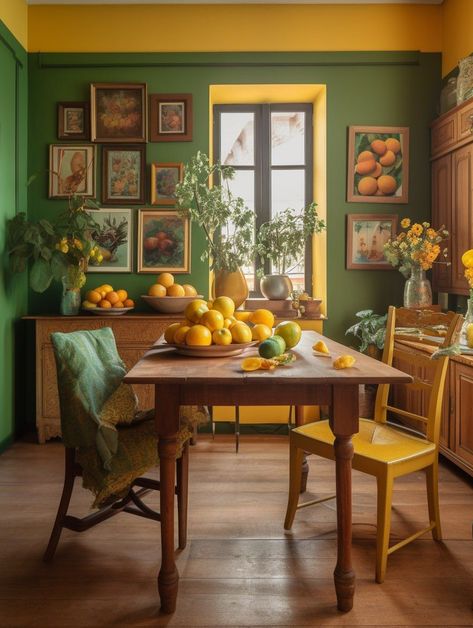 Dining Room Vintage, Yellow Dining Room, Green Dining Room, Eclectic Dining, Wooden Dining Room Chairs, Interior Design Minimalist, Brown Rooms, Maximalist Interior, Purple Kitchen