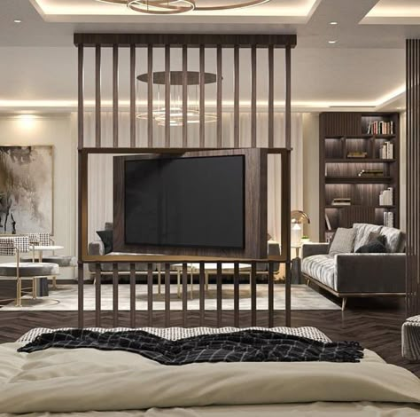 Television Partition, Tv Wall Partition Design Modern, Tv Partition Design Living Rooms, Partitions In Living Room, Tv On Partition, Tv Wall Partition Design, Partition With Tv Unit Interior Design, Living Room Partition Design Wall Dividers, Tv Wall Partition