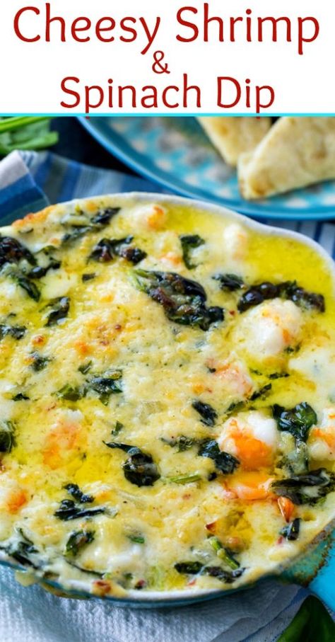 Cheesy Shrimp and Spinach Dip Spinach Dip With Shrimp, Spinach Shrimp Dip, Spinach And Shrimp Dip, Seafood Spinach Dip Recipe, Seafood Spinach Dip, Seafood Dips Recipes, Shrimp Appetizers Easy, Appetizers Seafood, Shrimp And Spinach