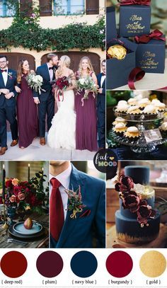 Plum, burgundy and navy blue wedding with gold accents for fall & winter wedding Pier Wedding, Wedding Burgundy, Wedding Colors Red, Rainbow Parties, 21 September, Winter Wedding Colors, Wedding Theme Colors, Navy Blue Wedding, Anniversary Ideas