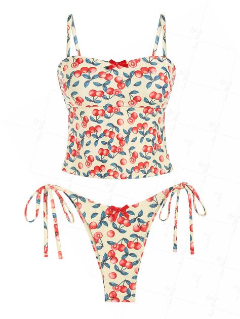 Seamolly Fruit Cherry Print Bow Decor Cinched Back Tie Side Tankini Set Strawberry Bathing Suit, Trendy Tankini, Cute Tankinis, Bright Swimsuit, Swimsuit Inspo, Floral Swimwear, Baddie Style, Neon Bikinis, Tie Tie