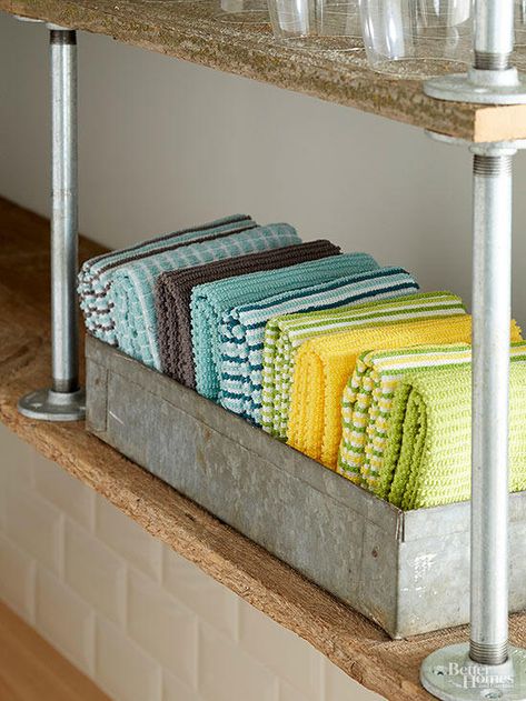 Store  in Farmhouse Finds. Why keep towels hidden in drawers when they're this pretty? Keep neatly folded wash cloths and hand towels in a rustic farmhouse find, like this galvanized tub. The unique metal will look great with a variety of kitchen materials. Kitchen Storage Solutions Organizers, Apartment Kitchen Storage, Diy Kitchen Storage Cabinet, Diy Storage For Small Spaces, Towel Storage Ideas, Kitchen Towels Storage, Small Kitchen Items, Modern Kitchen Storage, Kitchen Storage Space