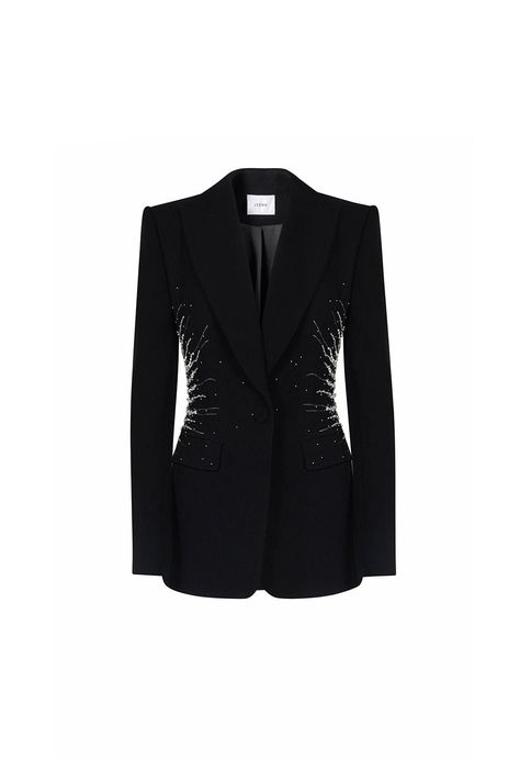 Crafted with premium crepe fabric, this blazer boasts a flattering A-line silhouette and a sophisticated V-neckline. Pair it with any outfit for an effortlessly chic look that exudes luxury and elegance. Designer Blazer For Women, Blazer With Lace, Prom Blazers, Embellished Blazer, Knitwear Outfit, Happy Clothes, Crepe Blazer, Mean Blvd, Blazer Designs