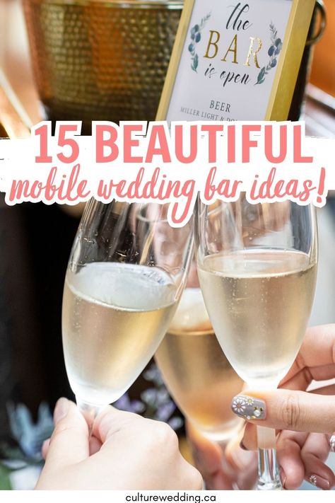 Here are some additional benefits of having a mobile bar at your wedding: Convenience: With a mobile bar, you won't have to worry about setting up and stocking a bar yourself. Our professional bartenders will handle everything, from bringing the alcohol and mixers to setting up the bar and serving your guests. Flexibility: Our mobile bars can be set up anywhere, whether it's indoors or outdoors. We can customize the bar to fit your wedding theme or style, so it blends seamlessly with your decor. Stocking A Bar, Wedding Bars, Wedding Hacks, Mobile Bars, Reception Bar, Mobile Wedding, Free Wedding Planning Checklist, Bar Set Up, Beer Opener