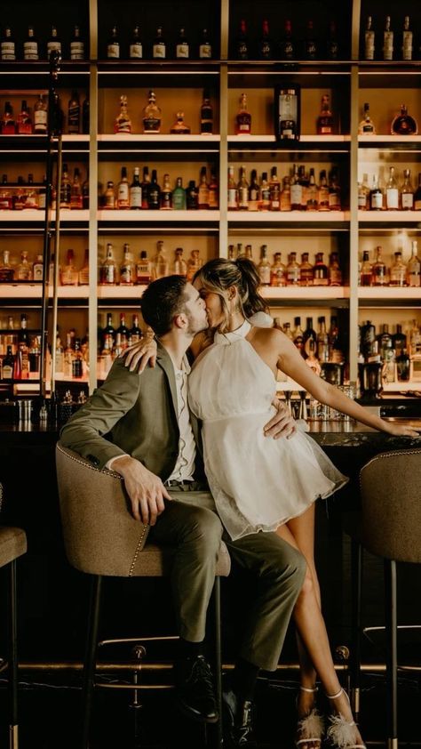 Glam Anniversary Photo Shoot, Extravagant Engagement Photos, Pre Wedding Photoshoot In Bar, Bourbon Engagement Photos, Vegas Photoshoot Couple, Engagement Dinner Photos, Glam Photoshoot Couple, Editorial Engagement Photos Bar, Engagement Pictures At Bar