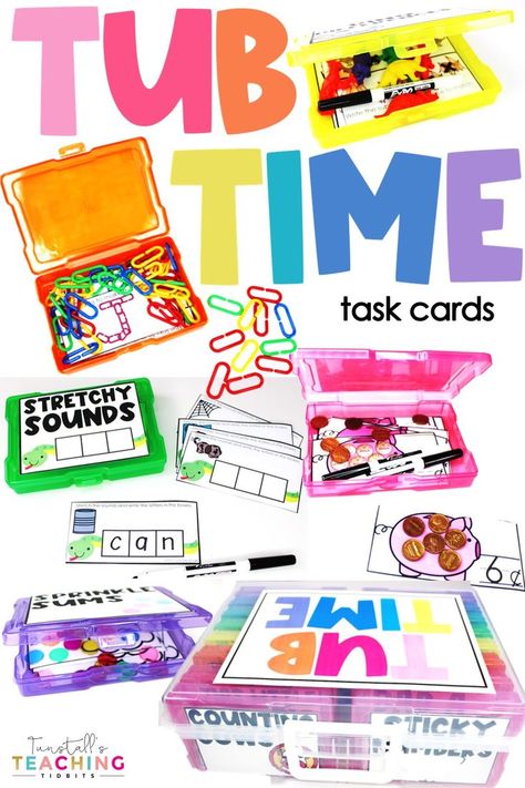 Each tub task involves math or literacy learning with a splash of fun. Here are 16 sets of simple tasks with simple materials done in a fun way. Cvc Word Task Boxes, Task Boxes For 2nd Grade, First Grade Life Skills, Classroom Task Boxes, Literacy Task Boxes, Elementary Task Boxes, First Grade Task Boxes, 1st Grade Task Boxes, Kindergarten Task Cards Free