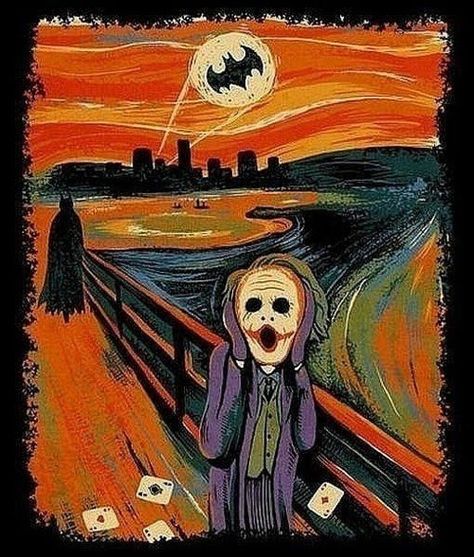 O grito.. ops, "Oh não, o Batman" Joker Kunst, Le Cri Munch, Art Du Joker, Le Cri, Joker Batman, Funny Paintings, Art Jokes, Batman Begins, Joker Art