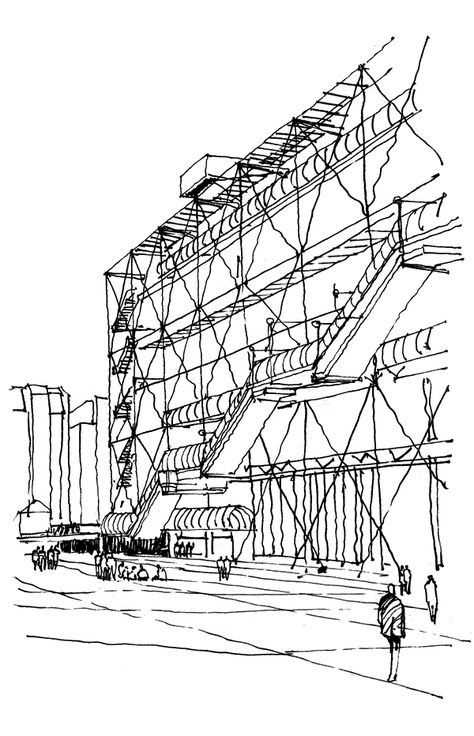 Centre Pompidou sketch, Ricard Rogers Architecture Sketches, Architectural Sketchbook, Croquis Architecture, Museum Identity, Conceptual Sketches, Architectural Sketches, Genius Loci, Architecture Sketchbook, Architecture Design Sketch