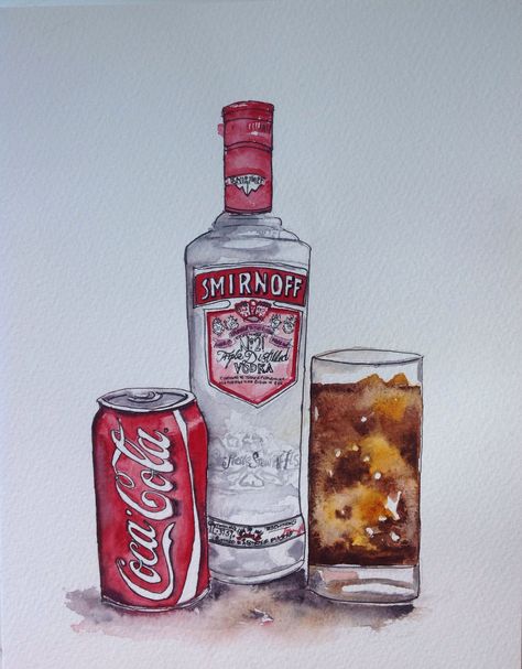 Watercolour on paper by Sheila Horrocks Vodka Bottle Drawing, Smirnoff Bottle, Smirnoff Vodka, Bottle Drawing, Watercolor Portrait Painting, Fruit Picture, Gin Bar, Watercolor Food, Drawings Ideas