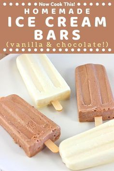 These easy Vanilla and Chocolate Homemade Ice Cream Bars are the perfect summertime treat. They're cold, super creamy, and absolutely delicious! All you need is five simple ingredients and about five minutes to mix everything together - then let your freezer do the rest. Get the recipe and give them a try! #homemadeicecreambars #icecreambars #icecream #summerdessert Homemade Ice Cream Bars, Chocolate Homemade, Kreative Snacks, Ice Cream Bars, Homemade Vanilla Ice Cream, Ice Cream Pops, Homemade Popsicles, Homemade Ice Cream Recipes, Ice Cream Popsicles