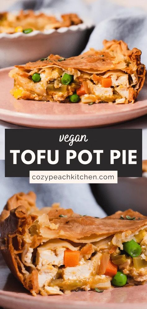 This savory vegan pot pie is a great vegan comfort food recipe that everyone will love! The savory pie filling is easy to make and filled with healthy tofu and veggies. #comfortfood #fallrecipes #vegan #piecrust #vegetarian #tofurecipes #tofu Tofu Pie Recipes, Savory Pie Filling, Tofu Pot Pie, Vegan Chicken Pot Pie, Vegan Pot Pie, Tofu And Veggies, Vegan Diner, Monday Meals, Easy Tofu