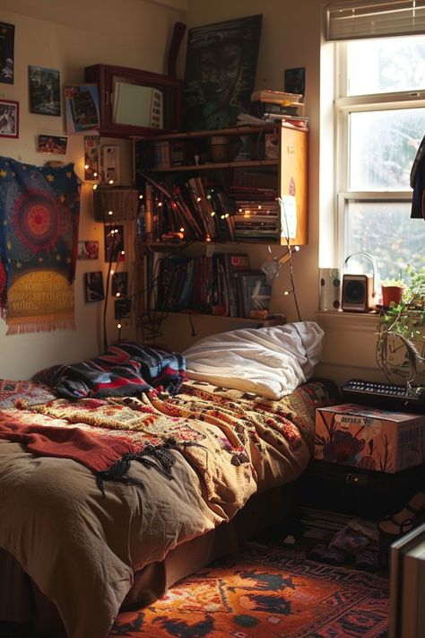 Dorm Room Ideas Academia, Dream Dorm Room Cozy, Friends Room Aesthetic, Cosy Uni Room, Uni Room Inspiration, Different Dorm Room Aesthetics, Student Flat Aesthetic, Aesthetic Student Room, Mancave Bedroom Ideas