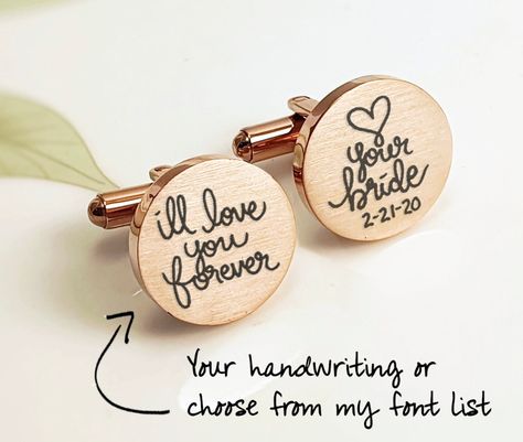 "*THIS IS A BLANK CUFF LINKS. IT DOES NOT COME WITH ANY LOGOS -Please leave a note specifying your message and logo. You can choose any logos you want or font from my fonts list -If you do not leave the note specify the font type, I will use font #1, 10 or 13 from my fonts list. Stainless steel cuff links measuring 5/8 inch each are engraved with the handwriting or any symbol of your choice. Choose circle or square. This unique cuff links would make a great gift or special occasion accessory in Gold Cuff Links, Rose Gold Cufflinks, Wedding Cuff Links, Wedding Cuff, Wedding Black, Gold Cufflinks, Cute Wedding Ideas, Cufflinks Wedding, Gold Cuffs