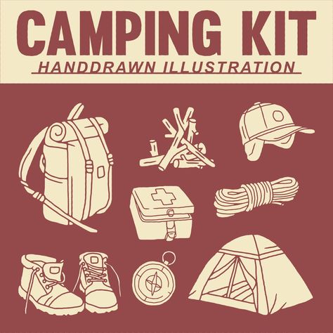 Camping Gear Illustration, Vintage Camp Illustration, Hike Drawings, Adventure Graphic Design, Camping Illustration, Camping Gear Gadgets, Woodcut Printing, Camping Scrapbook, Camp Brand