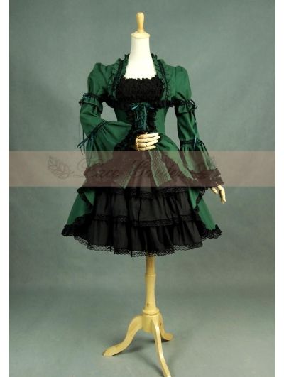 Green and Black Long Sleeves Gothic Lolita Dress Lace Gothic Dress, Gothic Palace, Black Gothic Dress, Black And Green Dress, Forest Green Dresses, Dama Dresses, Black Lace Shorts, Disney Princess Dresses, Usa Dresses