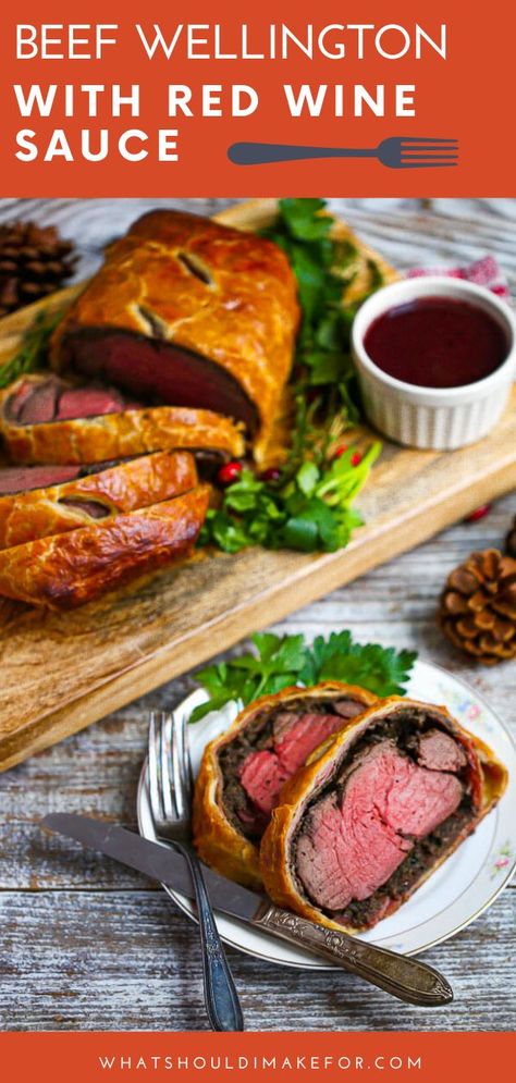 A perfect beef wellington recipe with red wine sauce that will rival Gordon Ramsay! Made with puff pastry and mushroom, this is ideal for a fancy holiday meal and will wow! #whatshouldimakefor #beefwellington #wellington #beef #chrismasdinner #holidayfood #newyearsmenu