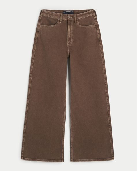 Women's Ultra High-Rise Brown Wide Leg Jeans | Women's Clearance | HollisterCo.com Wide Leg Brown Jeans, Brown Wide Leg Jeans, Brown Jeans, Comfy Jeans, Comfortable Jeans, Women's Bottoms, Gauze Fabric, Babydoll Top, Outfits For Teens