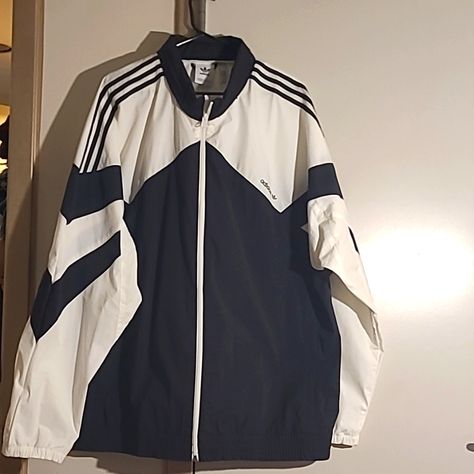 Adidas Windbreaker Jacket, Never Worn, A Little Brown Discoloration Around The Wrist Due To The White, In Good Condition, Size 2xl Men Big Windbreaker Outfit, Adidas Windbreaker Jacket, Retro Windbreaker Outfit, 80s Jacket Men, Nike Jacket Aesthetic, Y 3 Adidas, Acubi Jacket, Addidas Clothing, Windbreaker Outfit Men