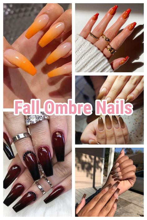 Fall Ombre Nails Halloween Ombre Nails Acrylic, November Ombre Nails, Orange And Burgundy Nails, Fall Color Ombre Nails, Fall Ombre Gel Nails, Nails With Orange Design, Ombre Coffin Nail Ideas, Ombre Nails Designs Ideas, Ombre Fall Nails Acrylic