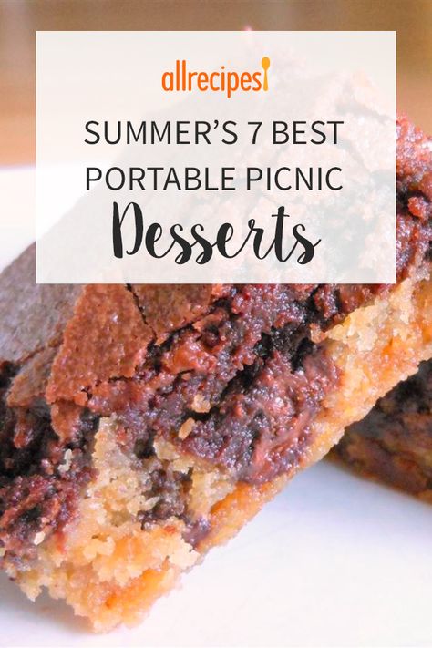 Summer's 7 Best Portable Picnic Desserts | "Bringing just the right dessert to a picnic can be a little tricky. You want it to be easy enough to transport without spilling or getting smooshed, it should be simple to serve without a lot of fuss, and it should look good enough to make your picnic feel like a party. These top-rated desserts are all that and more." #allrecipes #potluckrecipes #partydishes #partyappetizers #cookoutrecipes #cookoutdishes #picnicfood #picnicideas Best Desserts For Picnic, Sweet Picnic Food, Dessert Picnic Ideas, Easy Desserts For A Picnic, Picnic Baking Ideas, Easy To Pack Picnic Food, Best Dessert To Bring To A Bbq, Picnic Cakes Ideas, Make Ahead Desserts For Camping