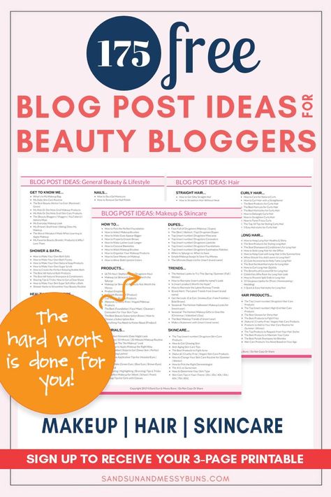 Need title ideas for your beauty or lifestyle blog? All the hard work is done for you here, with 3 full pages of makeup, hair, and skincare blog post ideas in a printable PDF! #printable #freeprintable #content #blogging Beauty Blog Post Ideas, Title Ideas, Blog Post Ideas, Editorial Calendar, Skincare Blog, Blog Titles, Blog Topics, Hair Blog, Writing Blog Posts