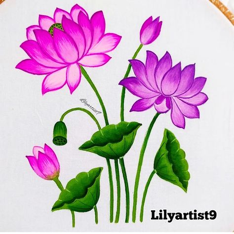 Learn to Paint beautiful Lotus on cloth by watching by step by step video. YouTube channel - Lily artist fabric works #lotus #lotuspainting #lotusflower #fabricart #art #paint #acrylicpainting #lilyartist9 Flower Drawing And Painting, Lotus Flower Fabric Painting, Lotus Mural Painting, Lotus Outline Drawing, Lotus Flower Painting Easy, Lotus Art Design, Fabric Painting Flowers Design, Fabric Paint Designs On Cloth, Lotus Painting On Fabric