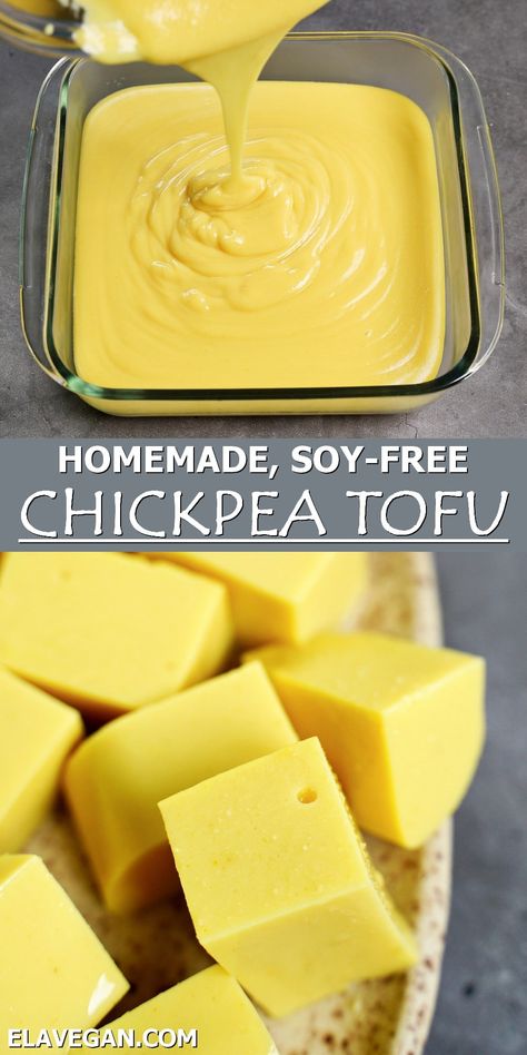 How to make chickpea tofu using just 2 ingredients and two methods: with chickpea flour or dried chickpeas. The resulting Burmese tofu is an excellent gluten-free, nut-free, soy-free tofu substitute. It can be made firm or soft like silken tofu and used interchangeably in many ways; marinated, baked, fried, and more! #chickpeatofu #homemadetofu #burmesetofu #silkentofu | elavegan.com Vegan Baked Dinner, How To Make Tofu, Tofu Alternative, Tofu Substitute, Burmese Tofu, Chickpea Plant, Soy Free Tofu, Chickpea Tofu, Resep Vegan