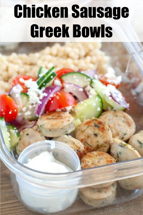 Greek Meal Prep Bowls, Greek Meal Prep, Sausage Meal Prep, Greek Bowls, Lunch Quick, Chicken Sausage Recipes, Quick Lunch Recipes, Healthy Lunch Meal Prep, Prep Bowls