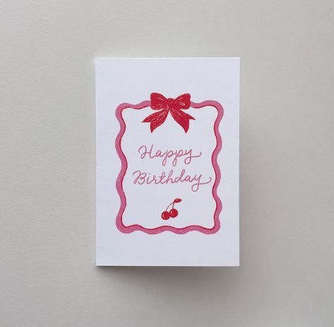 Wavy Ribbon Cherry Bow Happy Birthday Card | Greeting Card sizes available 3.5x5" or 5x7"  Each card comes with a white envelope. Cute Happy Birthday Lettering, Bday Card Drawing, Simple Bday Card, Birthday Card Inspo Diy, Girly Birthday Card, Pop Up Birthday Cards Diy Easy, Birthday Card Doodles, Happy Birthday Diy Card, Painted Birthday Cards