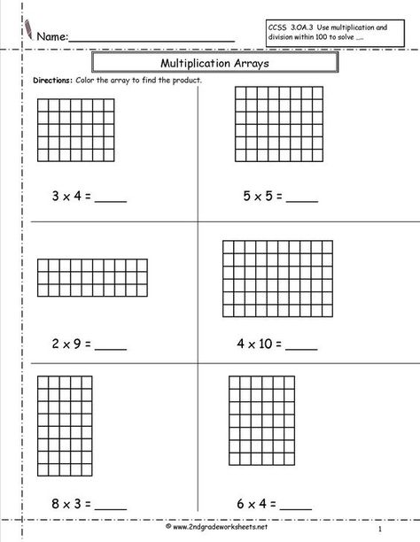 Multiplication Arrays Worksheets.    Use these Multiplication Arrays Worksheets, Extension of CCSS 2.OA.4, CCSS 3.OA.3, to help reinforce learning of arrays.    Many worksheets that include topics such as write the multiplication problem, illustrate an array to go with the multiplication problem,  circle the multiplication problem illustrated by the dot array and more! Division Arrays, Arrays Worksheet, Array Math, Area Model Multiplication, Array Worksheets, Multiplication Arrays, Multiplication Worksheet, Area Worksheets, Free Printable Math Worksheets