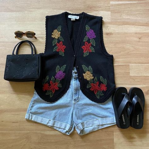 Adorable vintage black knit vest with floral pattern... - Depop Black Sweater Vest Outfit Summer, 90s Vest Outfits For Women, Knitted Vest Outfits For Women, Knit Vest Outfits For Women, Ootd Moodboard, Kid Core Outfits, Black Knitted Vest, 90s Vest, Summer/fall Outfits